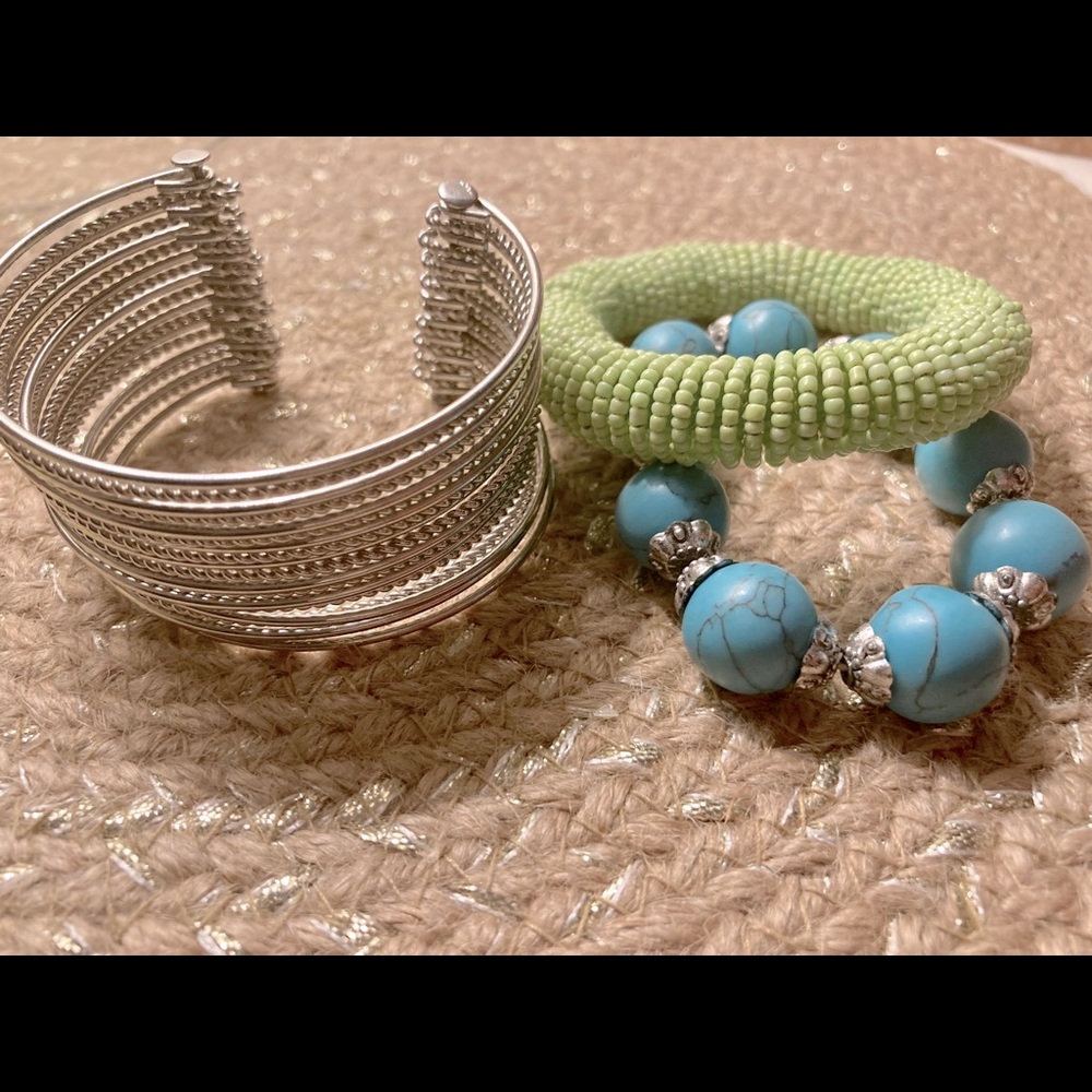 Set of 3 bracelets: Green, Turquoise, & Silver